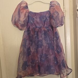 Purple and Pink Sheer Puff Sleeve Dress
